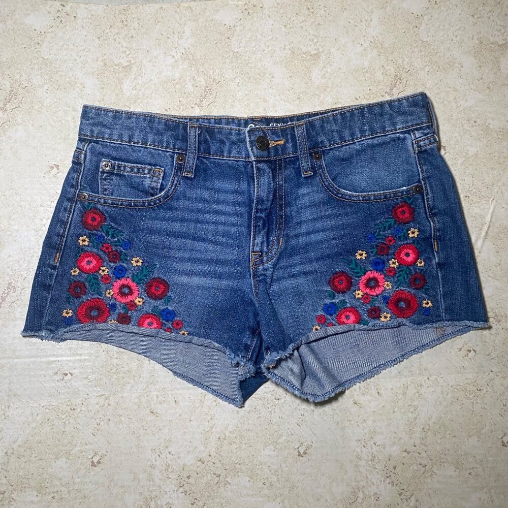 Gap Womens Embroidered Denim Shorts Size 2 With Floral Design & Frayed Hem‎